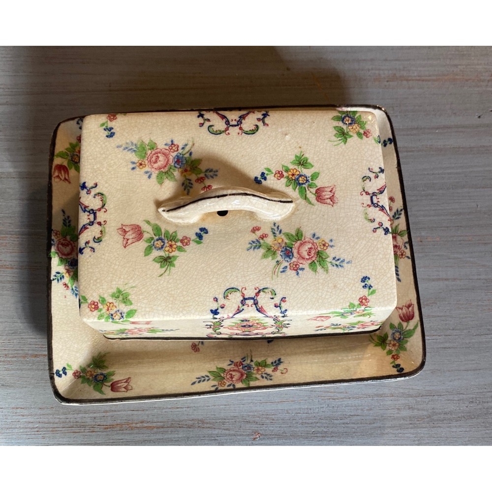 Vintage Made in Japan Floral Ceramic Butter‎ Dish with Lid Crazed Cottagecore